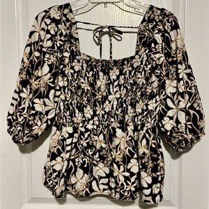 Ava & Viv Black Cream Floral Smocked Square-Neck Peasant Top